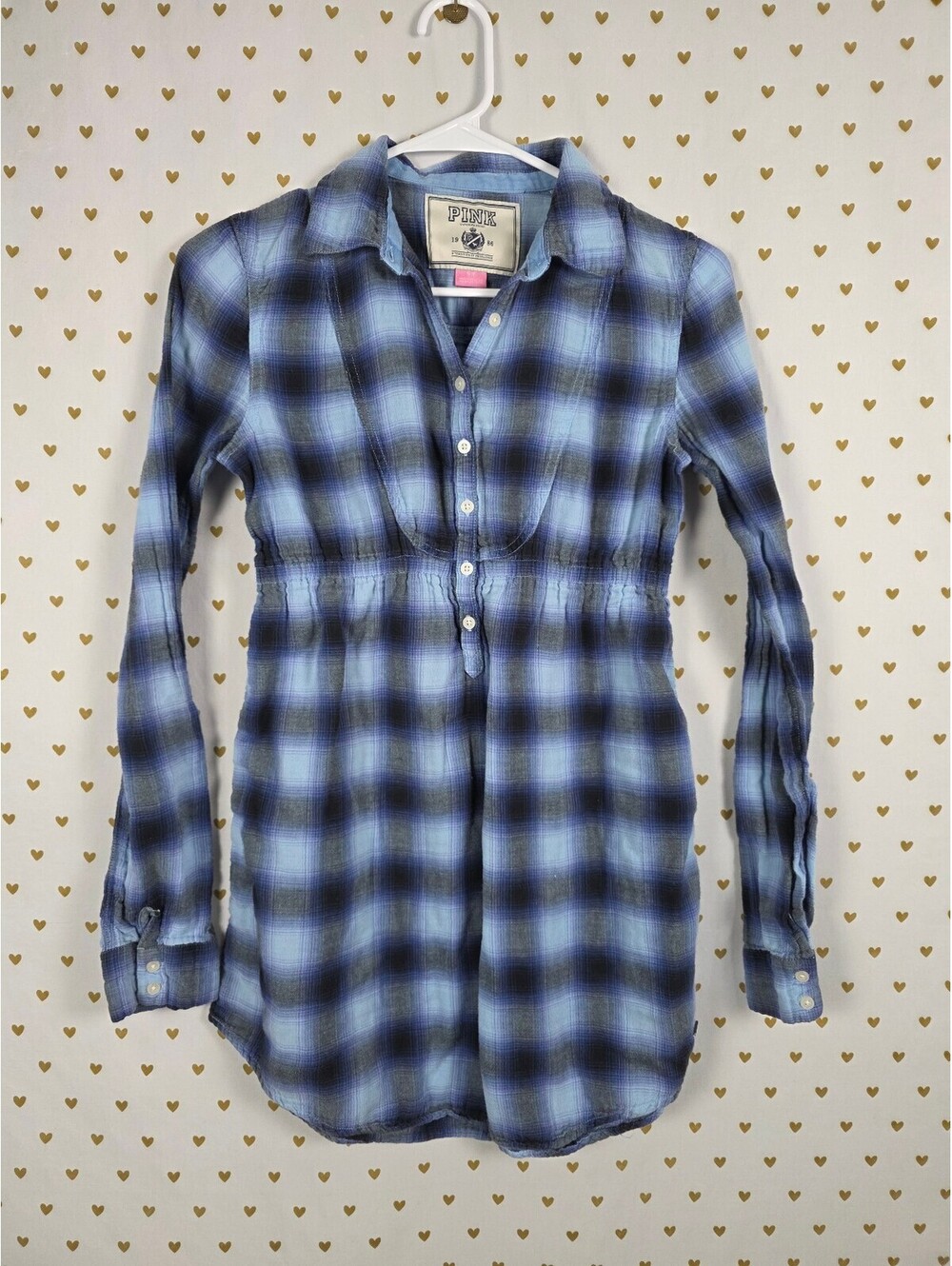 Victoria's Secret PINK Plaid Shirt Dress SP Blue Cotton Y2K 2009 Tunic Cotton